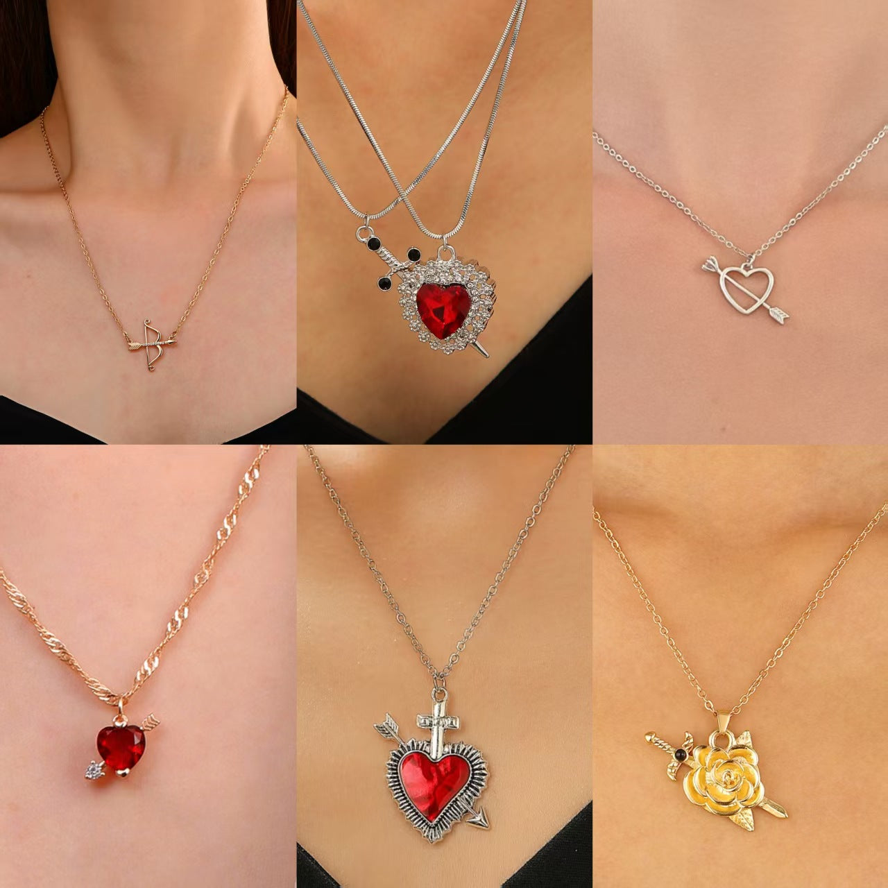 Fashion Personalized Gothic Heart Wings Necklace Vintage Creative One-shot Piercing Heart Collarbone Chain Accessories